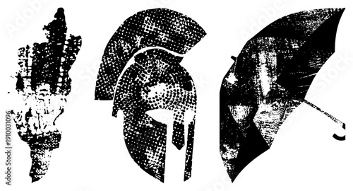 Retro halftone graphic of ancient warrior helmet, ceremonial torch, and open umbrella, vector art, stylized urban, isolated symbols.