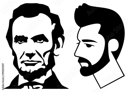 Vector illustration of historical and contemporary bearded men, facial profiles, minimalist black and white design, graphic art, political and fashion.