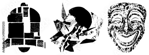 Stylized black and white mask with fragmented shapes, expressive forms, and textured halftone, ideal for graphic design or branding.