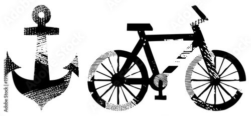 Black and white graphic of anchor and bicycle, nautical symbol and transport, halftone print style, vector illustration, isolated foreground elements.