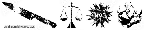 Knife with distressed texture, justice scales, explosive "NO 3" graphic, crumpled paper ball all isolated vector for design use.