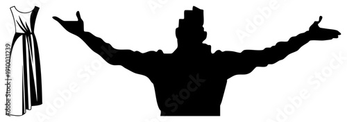Black silhouette of a man with arms wide open, beside a flowing gown, fashion presentation, runway pose, garment display, model stance, clothing showcase.