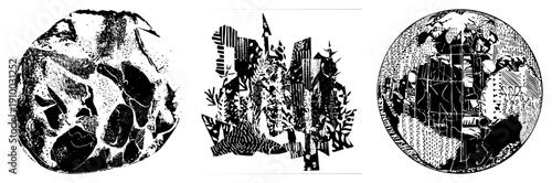 Stylized globe with fragmented continents, halftone shading, abstract geometric shapes, vector art, black and white, isolated design.