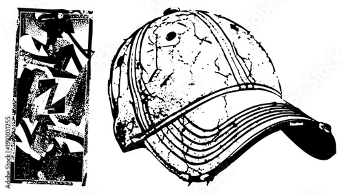 Distressed baseball cap with cracked fabric texture, paired with abstract graffiti panel, urban streetwear accessory, vector illustration, black and white halftone style.