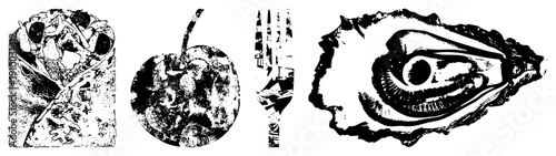 Food rendered in high contrast vector art burrito, cherry, fork, oyster ideal for menus, apps, or culinary branding. Flat design with halftone texture.
