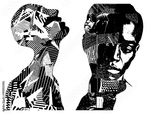 Black and white stylized human profiles, fragmented with halftone fills, graphic art, vector illustration, artistic expression, modern design.