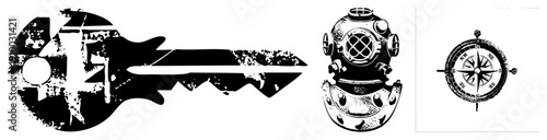 Grunge style key, classic diving helmet, and compass rose. Retro nautical and adventure symbols. Vector graphic with distressed textures.