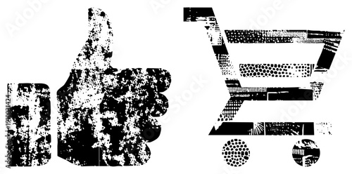Distressed black and white like, approval gesture and e commerce cart, halftone and stipple textures, digital marketing symbols, vector graphic elements.