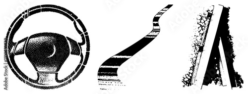 Classic car wheel with spokes, hockey stick with stripes, road sign with gravel texture halftone vector, isolated foreground elements, design.