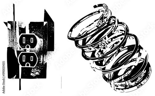 Black and white vector graphic of wall outlet and coiled spring, halftone texture, industrial design, mechanical element, isolated foreground.