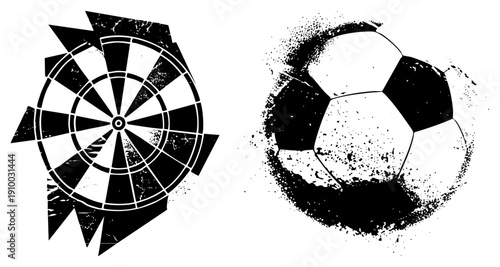Black/white vector jagged dartboard & spray painted soccer ball, gritty textures. Ideal for sports or urban designs.