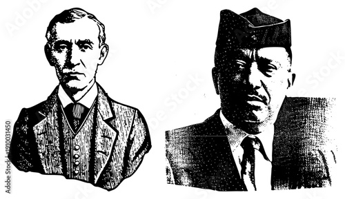 Black and white halftone illustrations of two men, one in vest and tie, the other in cap and suit, rendered with hatching and stippling techniques.