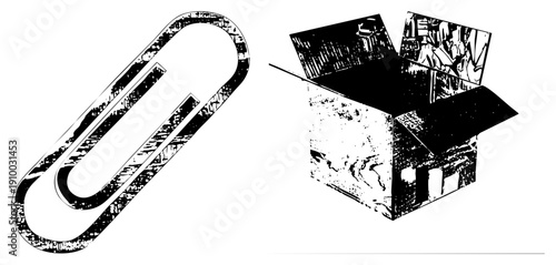 Graphic illustration of a paperclip and an open box revealing comic panels, halftone texture, black and white, retro design, office supplies, comic book art.