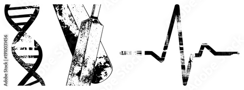 Grunge style vector DNA strand, cricket bat, heartbeat. Black and white, textured, isolated symbols for science, sports, health.