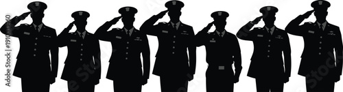 Large collection of military officer silhouettes featuring soldiers in formal uniform saluting in various heights and sizes isolated on white background for patriotic design.
