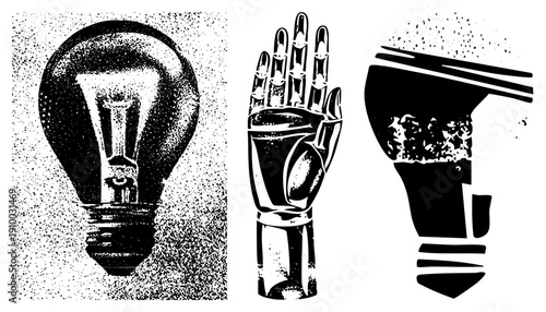 Vector illustration of robotic hand and light bulb, halftone texture, black and white, conceptual symbols for innovation and technology, isolated graphic elements.