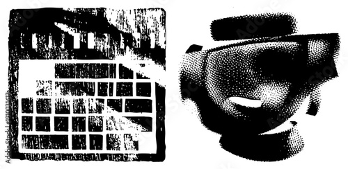 Classic cinema clapperboard with film strip, film reel, movie production tools, black and white halftone, film industry symbols, cinema equipment.