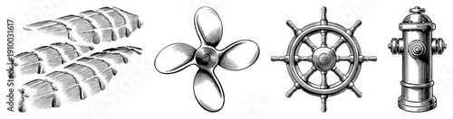 Ship, helm wheel, fire hydrant, and feathered fletching rendered in detailed halftone engraving style, isolated vector for design use.