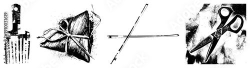 Classic kitchen tools including fork, wrapped gift, chopsticks, and scissors rendered in halftone vector,, isolated foreground elements.