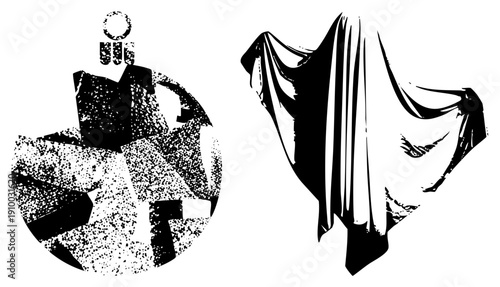 Black and white vector art featuring fragmented geometric shapes with halftone dot and flowing draped fabric silhouette, minimalist graphic design.