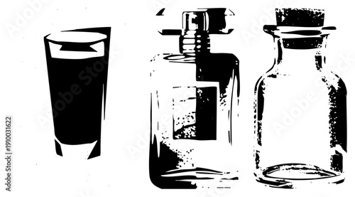 Stylized black and white vector of tumbler, perfume bottle, apothecary jar halftone, bold. Perfect for graphic design or retro branding.