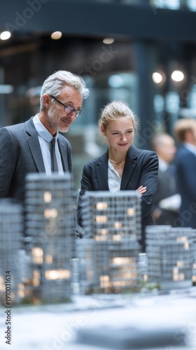 Business professionals plan real estate projects using scale models in modern office space during a strategy meeting