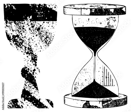 Classic hourglass measuring time with sand flow, wine glass with textured speckles, retro graphic style, illustration, timekeeping device, vintage decor.