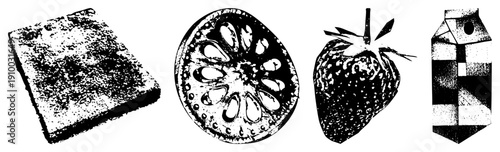 Black and white halftone style food including cake, tomato, strawberry, and milk carton, isolated vector graphics for design use.