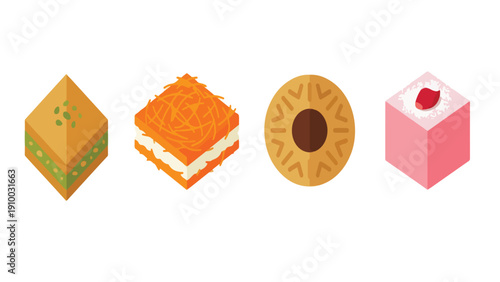 Middle Eastern Dessert and Sweet Pastry Icon Set, Baklava Kunafa Maamoul Turkish Delight Collection