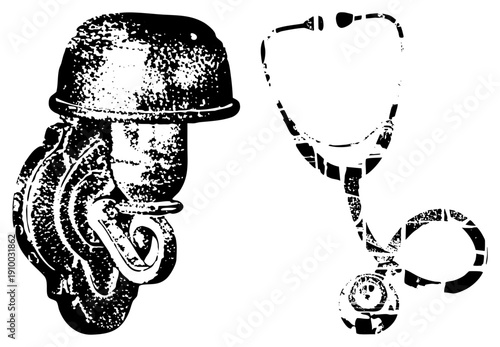 Classic fire hydrant with textured nozzle and stethoscope with halftone, medical and emergency symbols, black and white graphic design, isolated foreground elements.