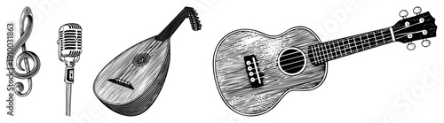 Treble clef, vintage microphone, mandolin, ukulele, hand drawn musical, black and white vector illustration, artistic music symbols.