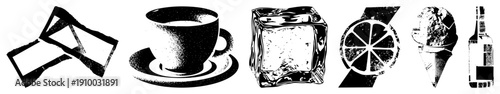 Black and white halftone of coffee cup, ice cube, lemon slice, ice cream, and bottle. Vector graphic with stippled texture, isolated elements for design use.
