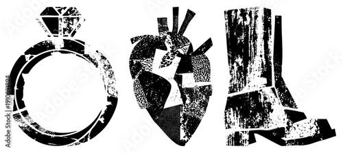 Distressed black and white vector engagement ring, anatomical heart, cowboy boot, stylized with halftone and grain effects, isolated design elements.