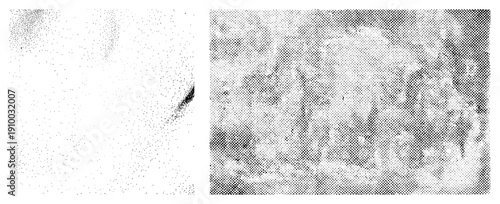 Black and white halftone texture, dot matrix, screen printing effect, graphic design element, visual noise, print simulation, vintage aesthetic.