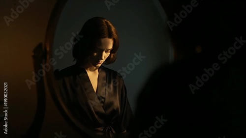 A woman's profound moaning reflection in a dim mirror, capturing a vulnerable, quiet moment of deep sorrow and introspective struggle at this precise, silent instant
