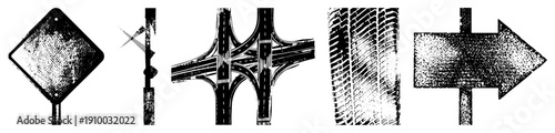 Weathered road sign, directional arrows, highway interchange, tire tread, distressed textures, urban navigation elements, black and white vector graphics.
