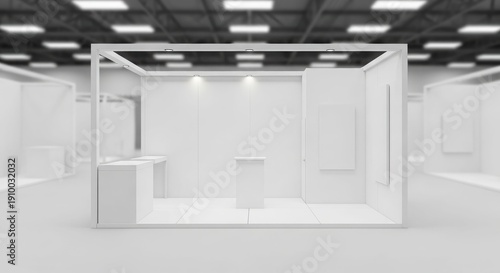 Empty white exhibition booth or trade show stand in a large, modern hall, ready for branding and display.