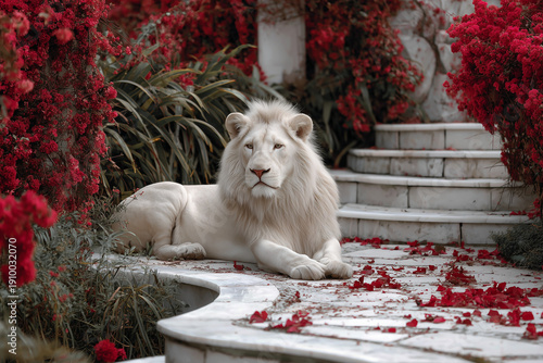 A majestic white lion relaxing in a garden with white paved stone pathways and scattered red flowers