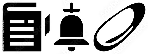 Notification bell alerting users, document file for data, envelope symbolizing message delivery, minimalist vector set, digital interface elements.