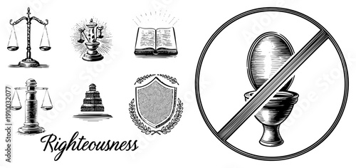 Classic justice scales, law book, shield emblem, and "no toilet" sign, engraved vector for legal or themes, vintage engraving style.