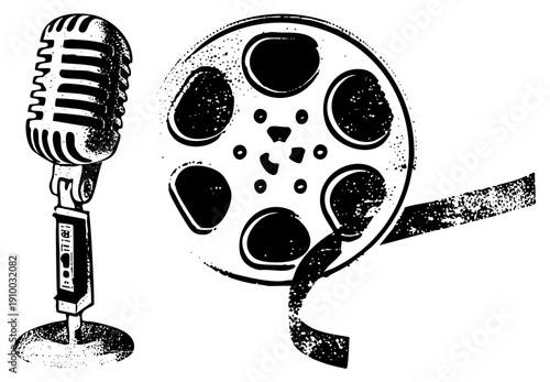 Retro microphone and film reel graphic, vintage equipment, classic cinema and radio broadcasting tools, black and white vector illustration.