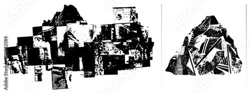 Fragmented mountain silhouette composed of halftone blocks and textured panels, abstract terrain, graphic collage, vector art, black and white composition, stylized landscape.