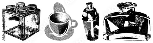 Retro styled glass containers, cup with saucer, cocktail shaker, perfume bottle, halftone texture, vector art, isolated objects.