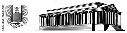 Ancient Greek temple facade with fluted columns, entablature, and pediment, architectural, classical antiquity, stone structure, historical monument.