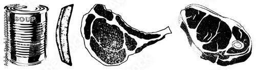 Classic food soup can, french fries, ribeye steak, and bone in meat cut, rendered in bold halftone style, ideal for menus or packaging design.