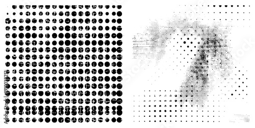Black halftone dots forming geometric grid and gradient fade, vector art, graphic design element, print typography, screen printing texture, digital illustration,.