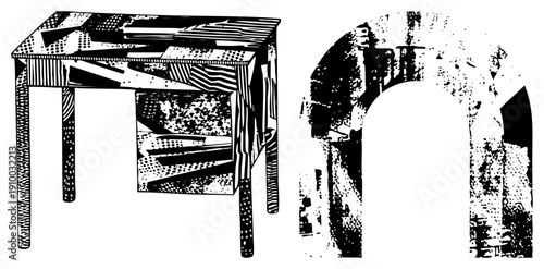 Black and white halftone desk with surfaces, paired with textured stone archway, graphic design elements, vector art, isolated foreground.