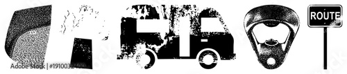 Distressed vector including car silhouette, bottle opener, and route sign, rendered in halftone grit, ideal for retro UI or urban design projects.