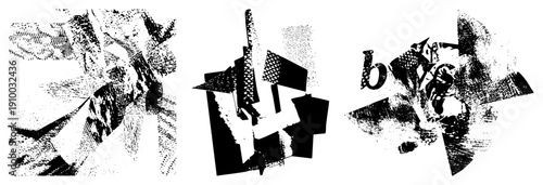 Black and white vector composition of shattered geometric shapes, halftone textures, abstract design, graphic art, digital illustration, modern minimalism.