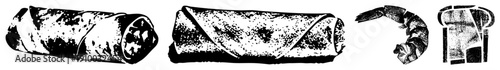 Vector halftone food including spring rolls, shrimp, and bread, rendered in high contrast black and white with stippled texture, ideal for menus or graphic design.